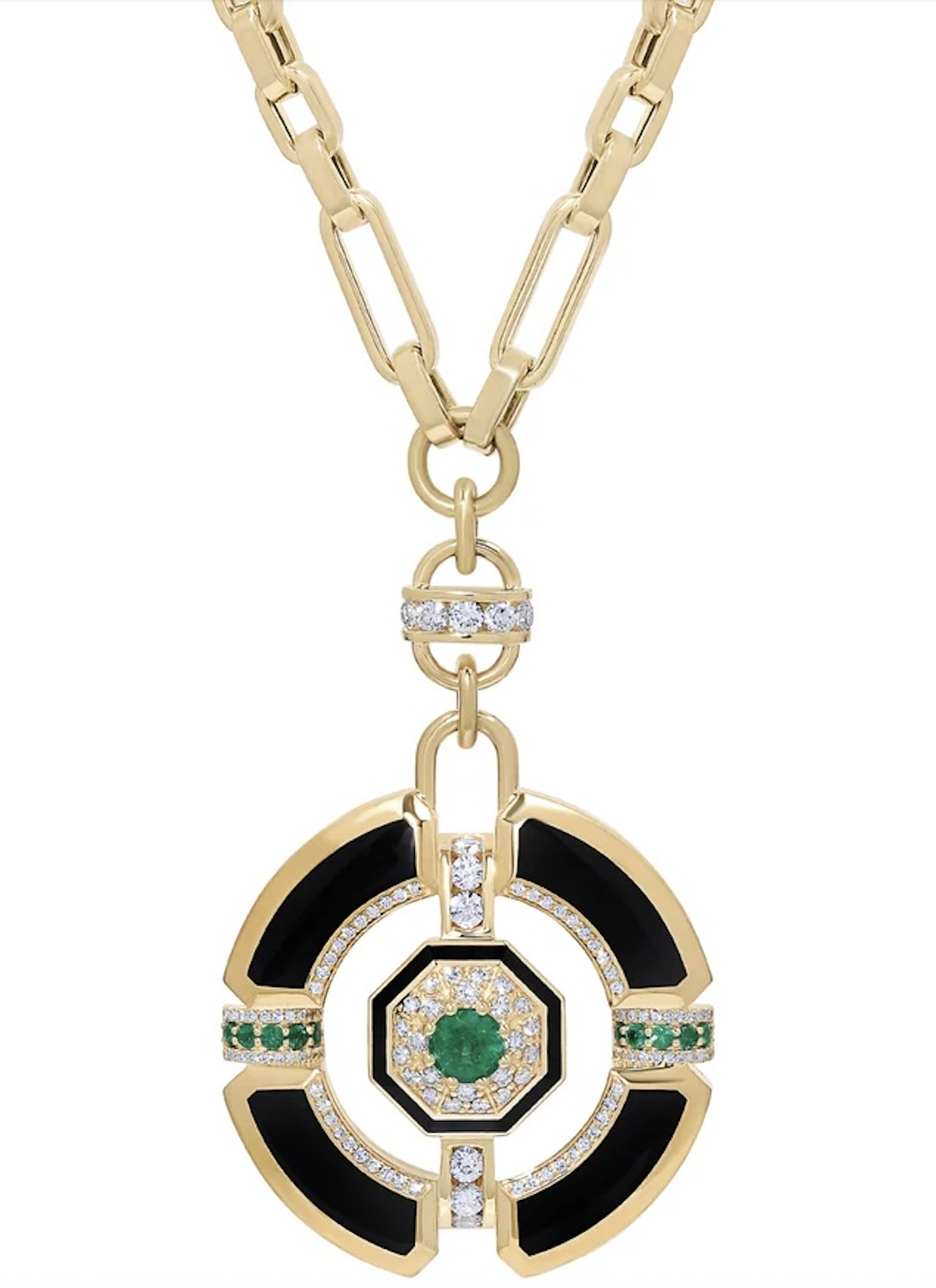 State Property’s 18K gold Darro Enchantress Medallion Necklace with emeralds, diamonds and black enamel.